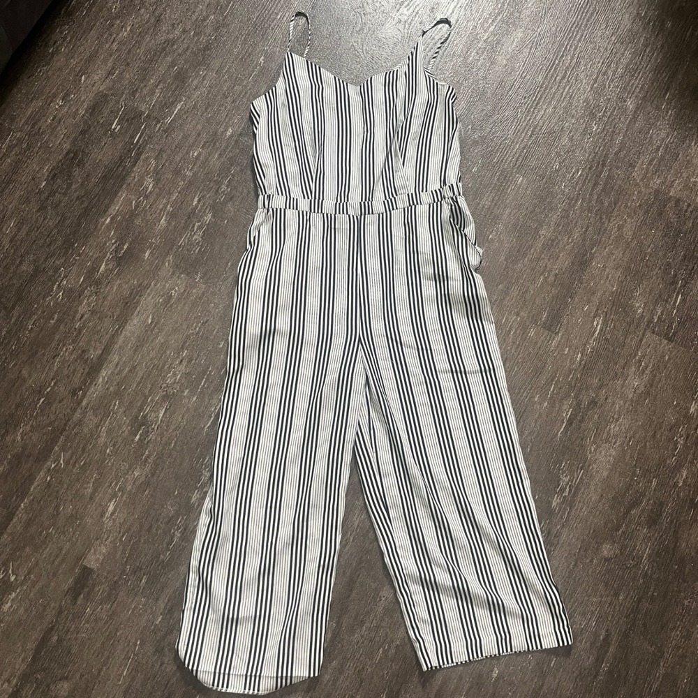 DEX Black White Striped Jumpsuit Women's Large Sleeveless Cropped Wide Leg